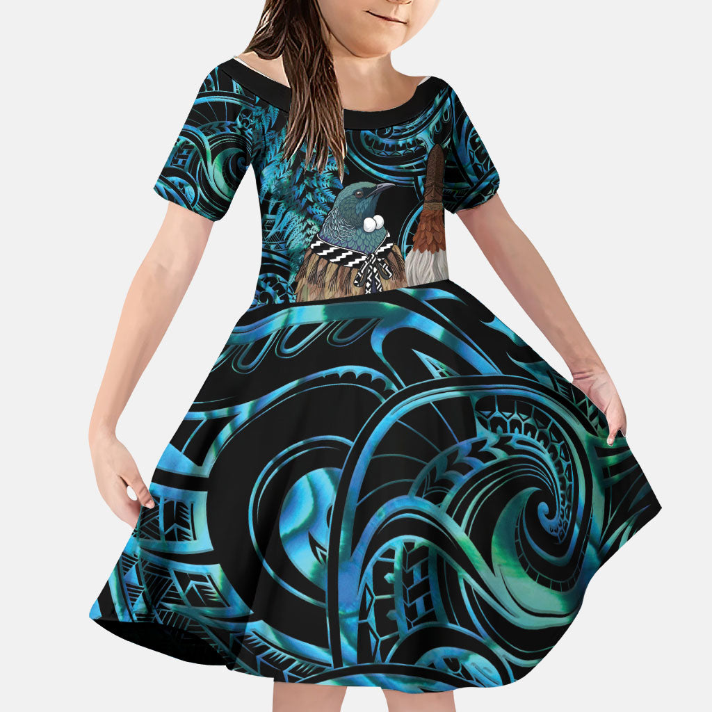 New Zealand Tui Bird Taiaha Family Matching Off Shoulder Maxi Dress and Hawaiian Shirt Maori Weapon Paua Shell Mix Silver Fern