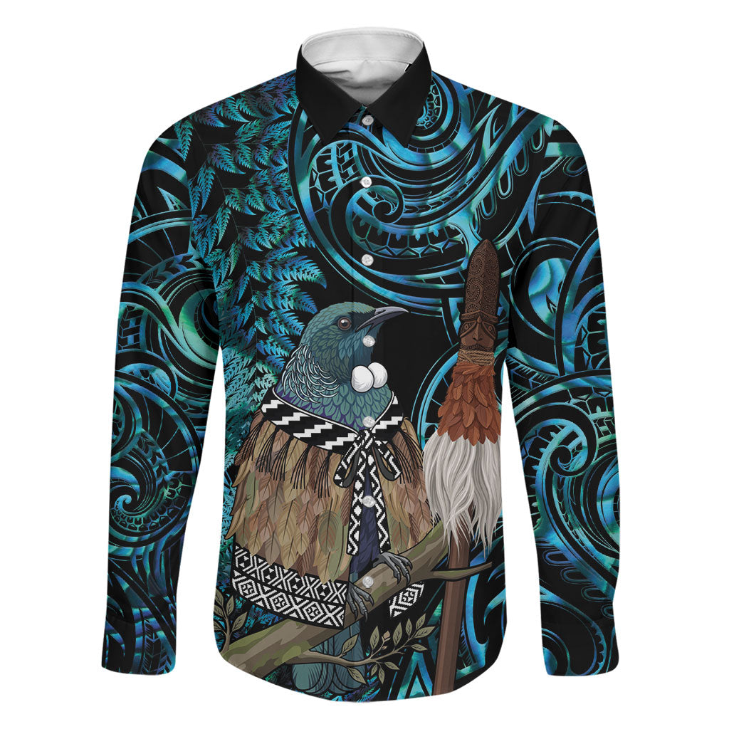 New Zealand Tui Bird Taiaha Family Matching Off Shoulder Maxi Dress and Hawaiian Shirt Maori Weapon Paua Shell Mix Silver Fern
