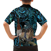New Zealand Tui Bird Taiaha Family Matching Off Shoulder Short Dress and Hawaiian Shirt Maori Weapon Paua Shell Mix Silver Fern