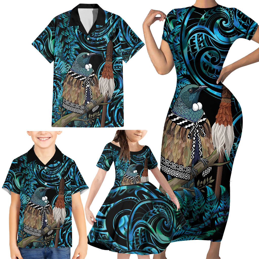 New Zealand Tui Bird Taiaha Family Matching Short Sleeve Bodycon Dress and Hawaiian Shirt Maori Weapon Paua Shell Mix Silver Fern LT14 - Polynesian Pride