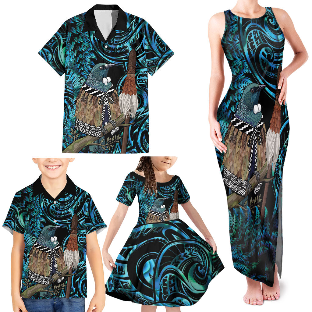 New Zealand Tui Bird Taiaha Family Matching Tank Maxi Dress and Hawaiian Shirt Maori Weapon Paua Shell Mix Silver Fern