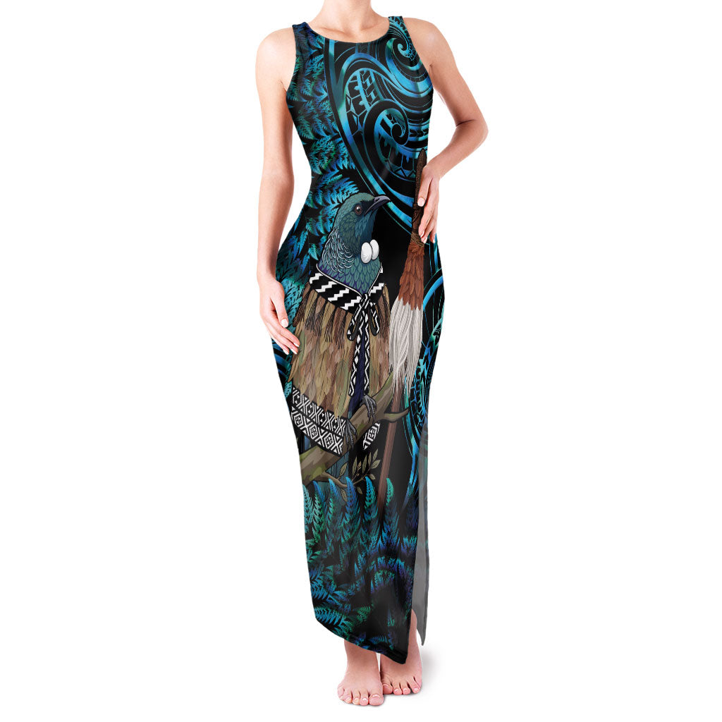 New Zealand Tui Bird Taiaha Family Matching Tank Maxi Dress and Hawaiian Shirt Maori Weapon Paua Shell Mix Silver Fern