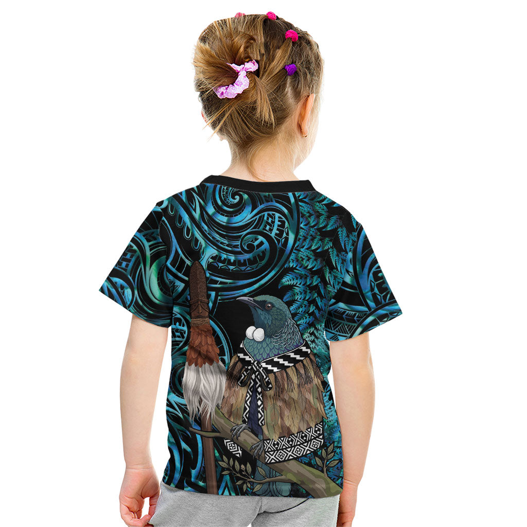 New Zealand Tui Bird Taiaha Kid T Shirt Maori Weapon Paua Shell Mix Silver Fern