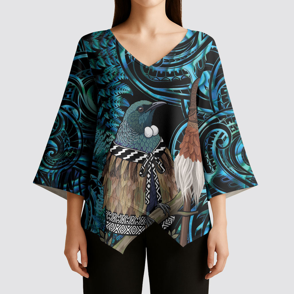 New Zealand Tui Bird Taiaha Kimono Sleeve Blouse Maori Weapon Paua Shell Mix Silver Fern