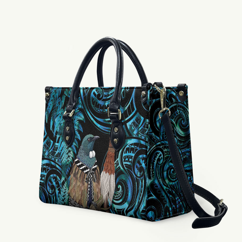 New Zealand Tui Bird Taiaha Leather Bag Maori Weapon Paua Shell Mix Silver Fern LT14 Turquoise - Polynesian Pride