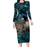 New Zealand Tui Bird Taiaha Long Sleeve Bodycon Dress Maori Weapon Paua Shell Mix Silver Fern