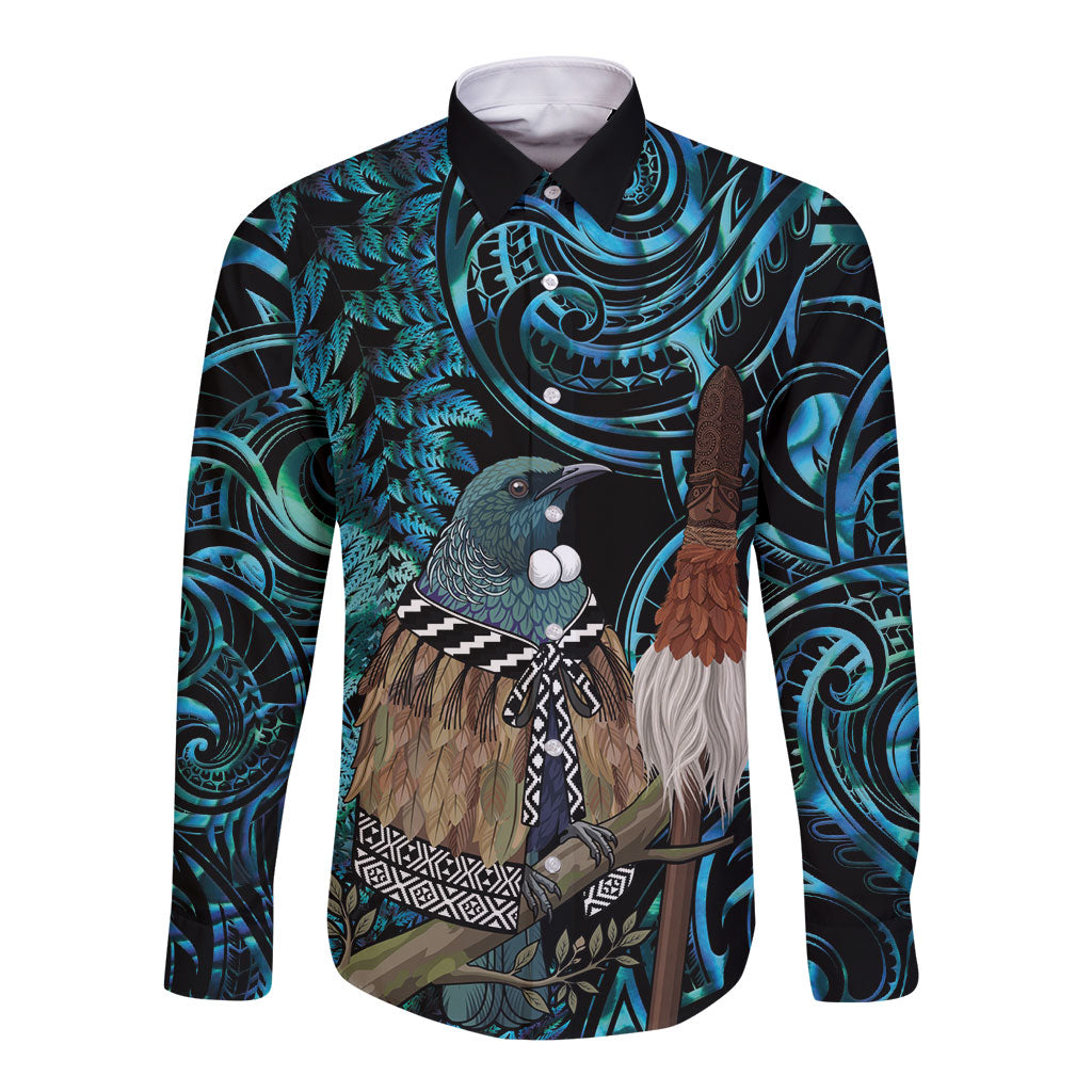 New Zealand Tui Bird Taiaha Long Sleeve Button Shirt Maori Weapon Paua Shell Mix Silver Fern LT14 Unisex Turquoise - Polynesian Pride