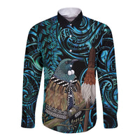 New Zealand Tui Bird Taiaha Long Sleeve Button Shirt Maori Weapon Paua Shell Mix Silver Fern