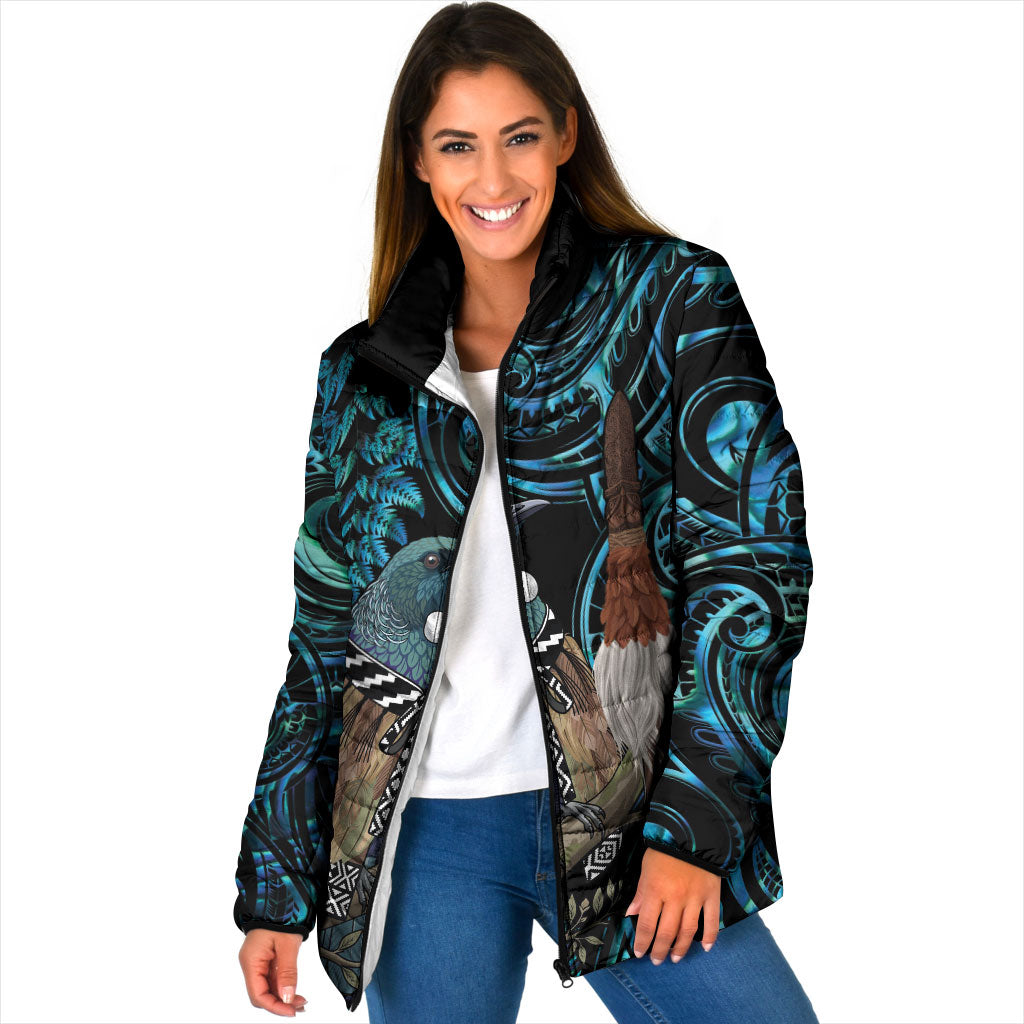New Zealand Tui Bird Taiaha Padded Jacket Maori Weapon Paua Shell Mix Silver Fern