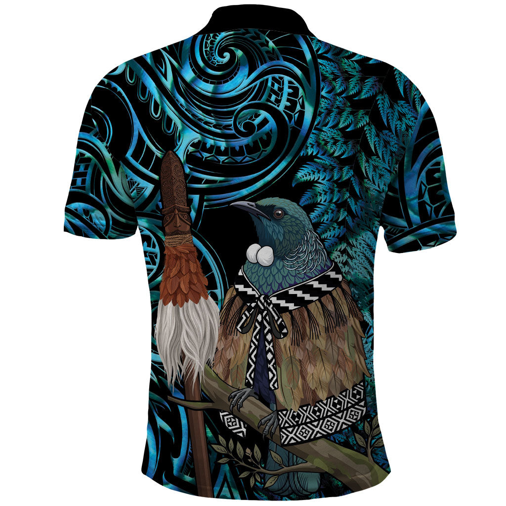 New Zealand Tui Bird Taiaha Polo Shirt Maori Weapon Paua Shell Mix Silver Fern