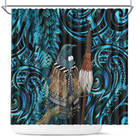 New Zealand Tui Bird Taiaha Shower Curtain Maori Weapon Paua Shell Mix Silver Fern