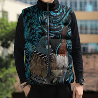 New Zealand Tui Bird Taiaha Sleeveless Puffer Jacket Maori Weapon Paua Shell Mix Silver Fern
