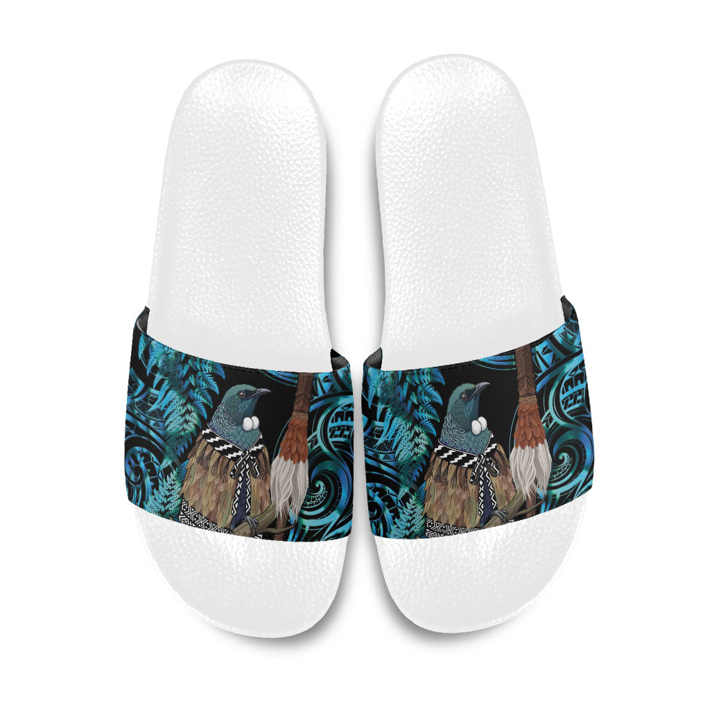 New Zealand Tui Bird Taiaha Slide Sandals Maori Weapon Paua Shell Mix Silver Fern