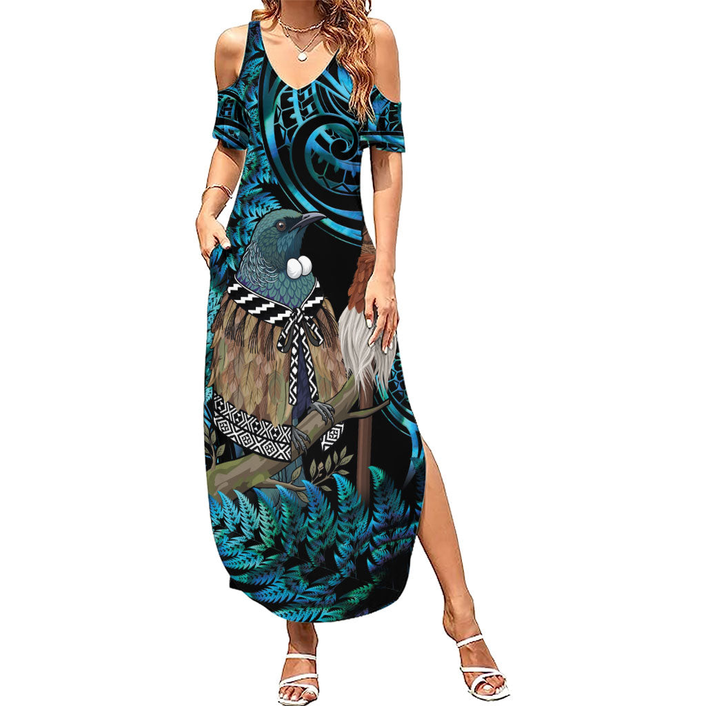 New Zealand Tui Bird Taiaha Summer Maxi Dress Maori Weapon Paua Shell Mix Silver Fern LT14 Women Turquoise - Polynesian Pride