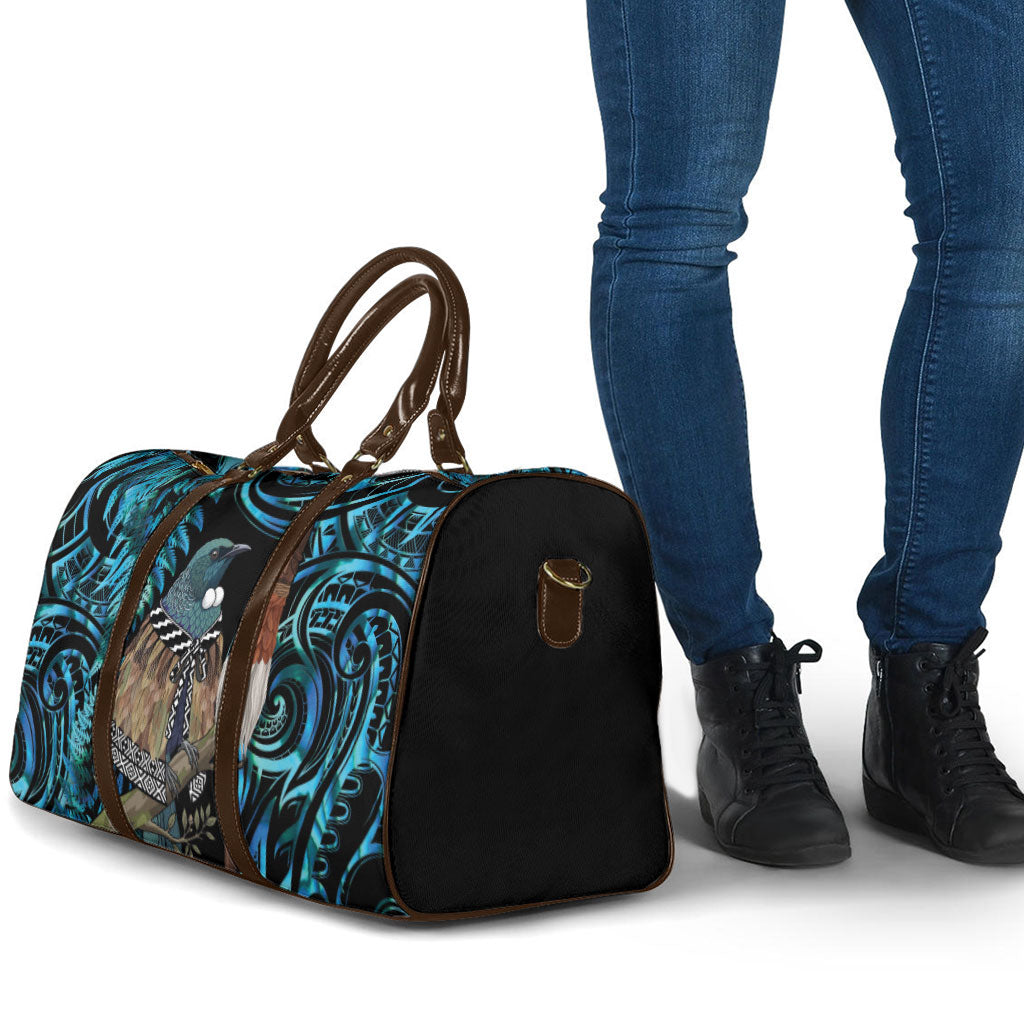 New Zealand Tui Bird Taiaha Travel Bag Maori Weapon Paua Shell Mix Silver Fern