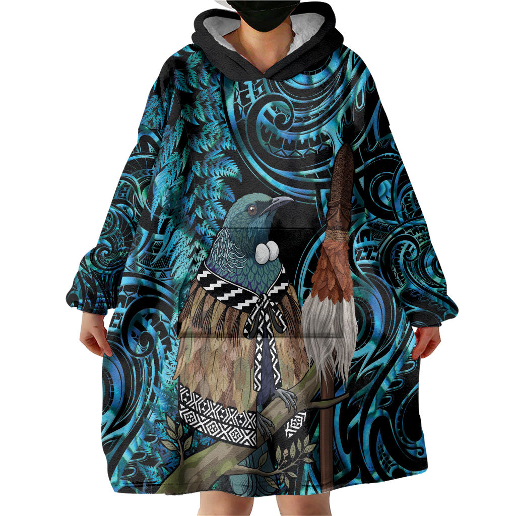 New Zealand Tui Bird Taiaha Wearable Blanket Hoodie Maori Weapon Paua Shell Mix Silver Fern