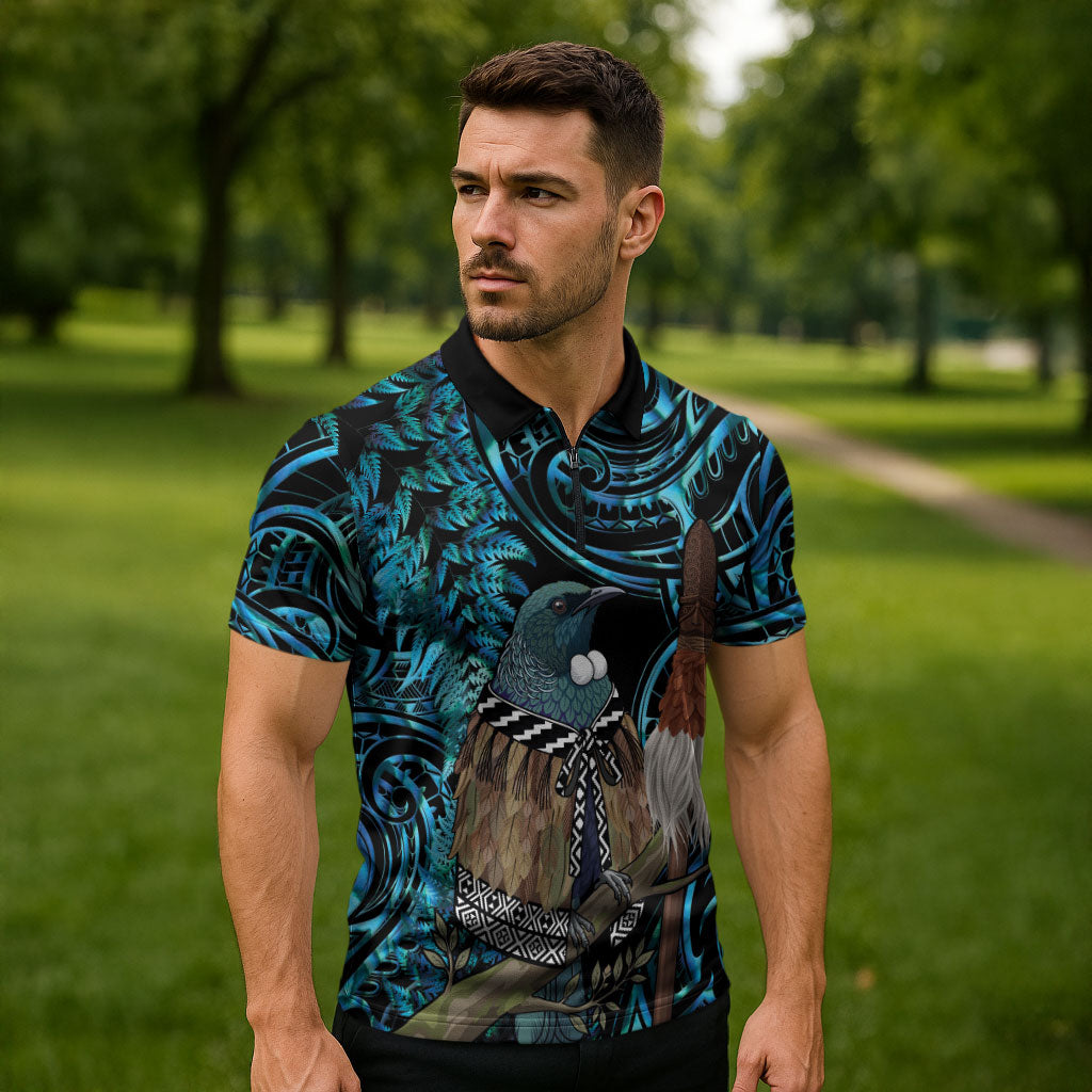New Zealand Tui Bird Taiaha Zipper Polo Shirt Maori Weapon Paua Shell Mix Silver Fern