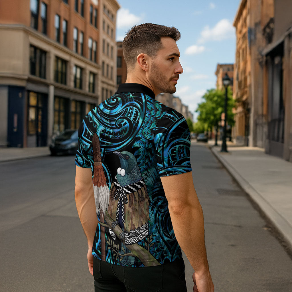 New Zealand Tui Bird Taiaha Zipper Polo Shirt Maori Weapon Paua Shell Mix Silver Fern