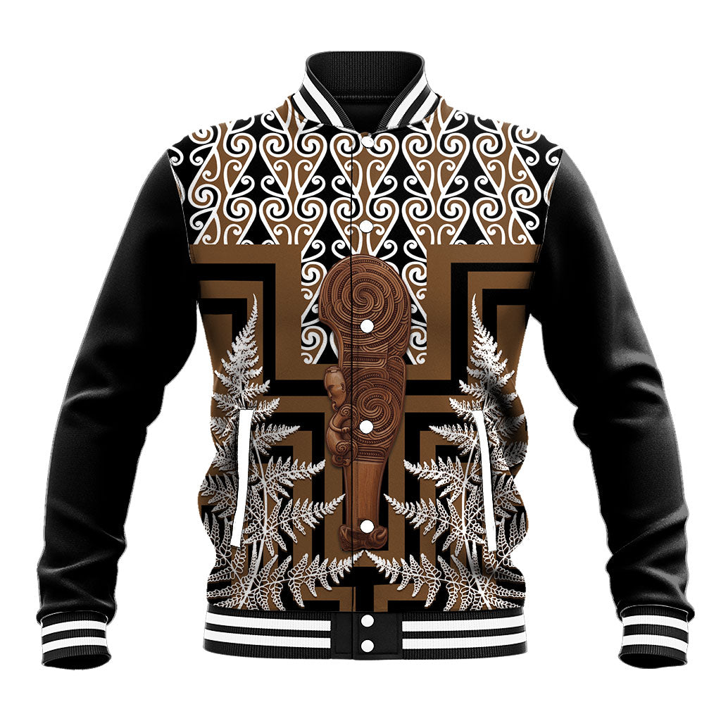 Wahaika New Zealand Baseball Jacket Maori Weapon Kowhaiwhai Fern Poutama Motifs LT14 Unisex Brown - Polynesian Pride