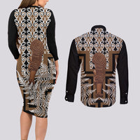 Wahaika New Zealand Couples Matching Long Sleeve Bodycon Dress and Long Sleeve Button Shirt Maori Weapon Kowhaiwhai Fern Poutama Motifs