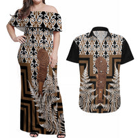Wahaika New Zealand Couples Matching Off Shoulder Maxi Dress and Hawaiian Shirt Maori Weapon Kowhaiwhai Fern Poutama Motifs