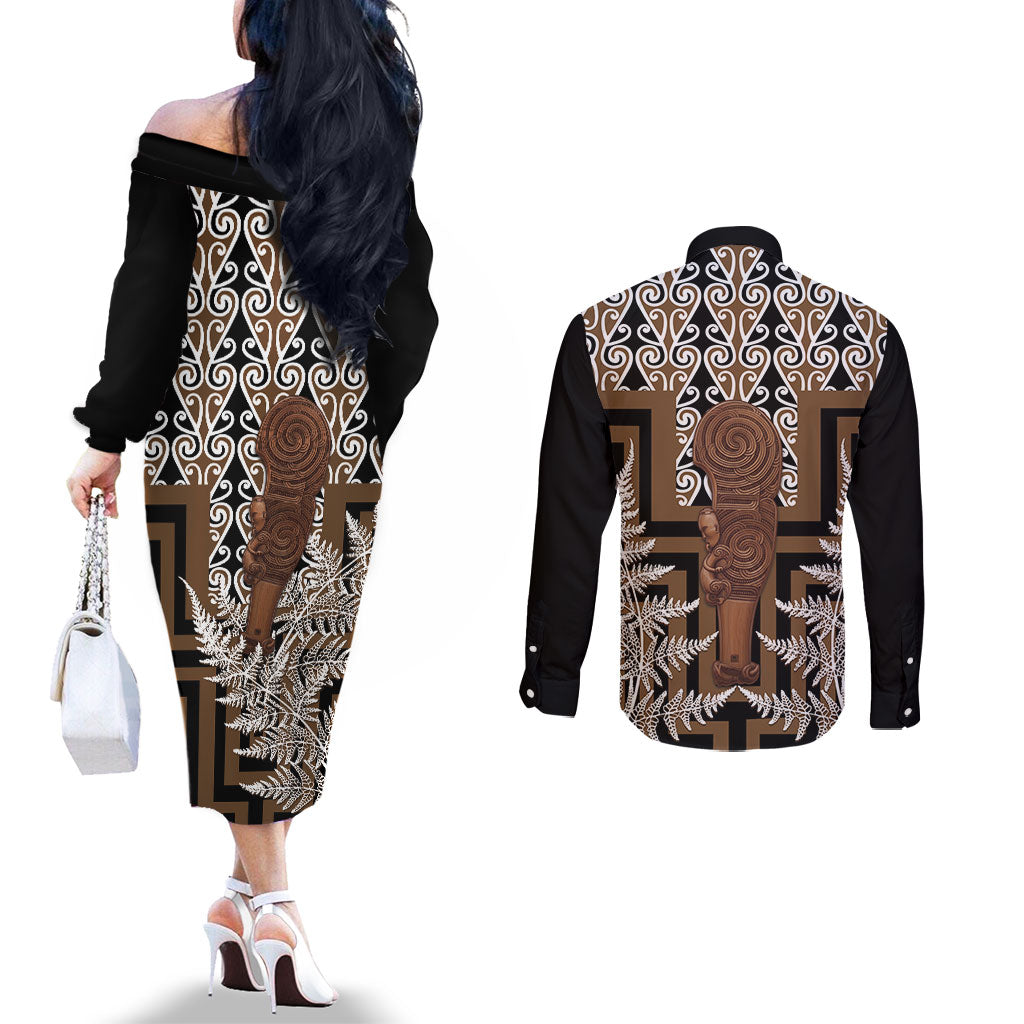 Wahaika New Zealand Couples Matching Off The Shoulder Long Sleeve Dress and Long Sleeve Button Shirt Maori Weapon Kowhaiwhai Fern Poutama Motifs