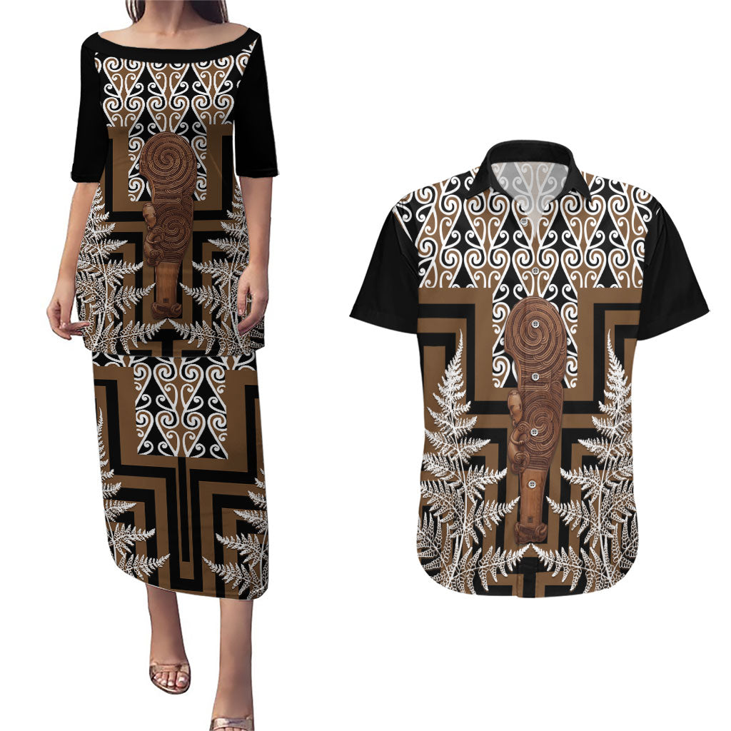 Wahaika New Zealand Couples Matching Puletasi and Hawaiian Shirt Maori Weapon Kowhaiwhai Fern Poutama Motifs