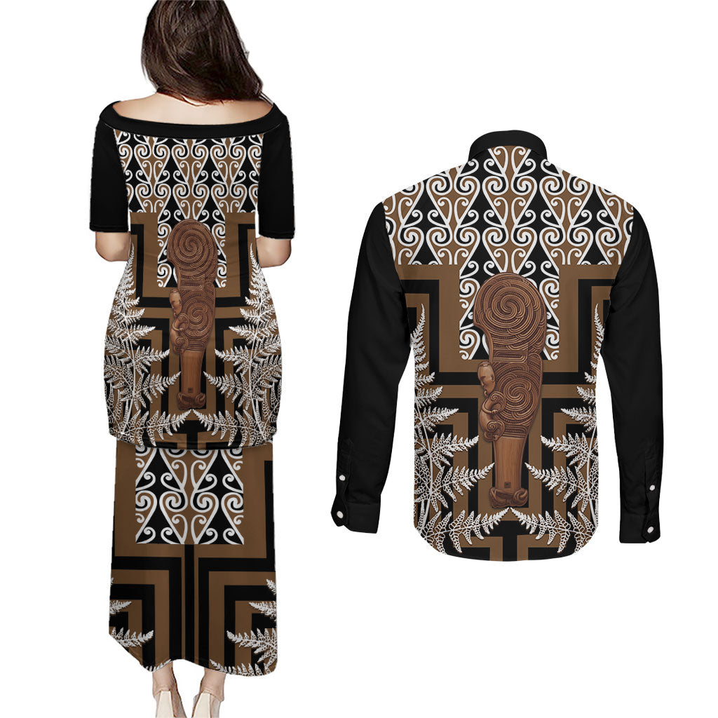 Wahaika New Zealand Couples Matching Puletasi and Long Sleeve Button Shirt Maori Weapon Kowhaiwhai Fern Poutama Motifs