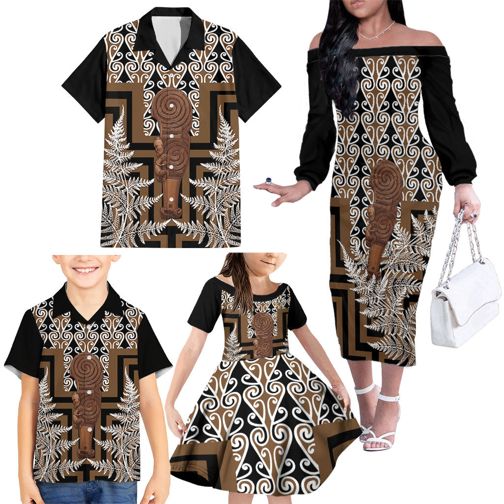 Wahaika New Zealand Family Matching Off The Shoulder Long Sleeve Dress and Hawaiian Shirt Maori Weapon Kowhaiwhai Fern Poutama Motifs