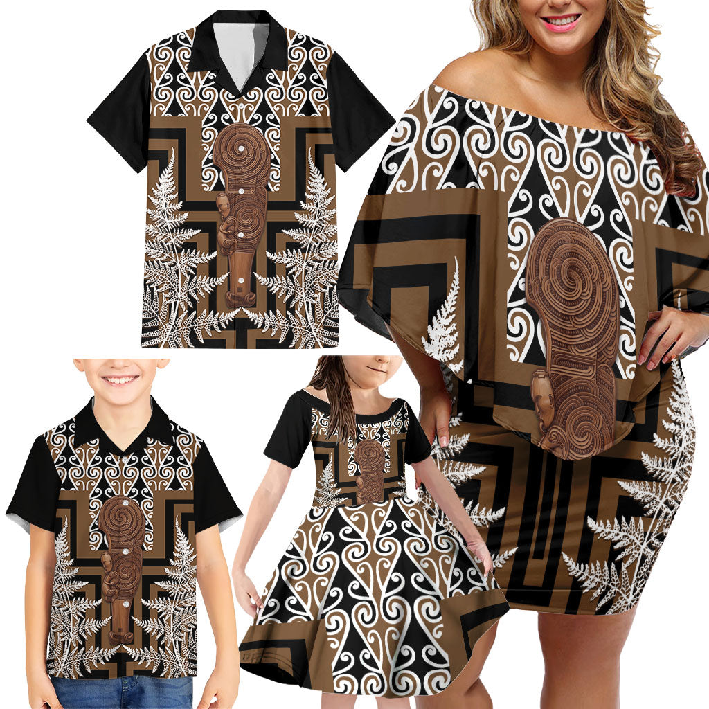 Wahaika New Zealand Family Matching Off Shoulder Short Dress and Hawaiian Shirt Maori Weapon Kowhaiwhai Fern Poutama Motifs LT14 - Polynesian Pride