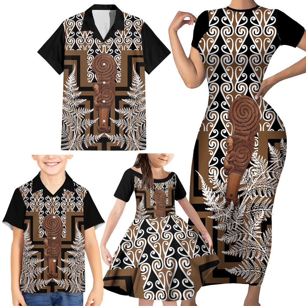 Wahaika New Zealand Family Matching Short Sleeve Bodycon Dress and Hawaiian Shirt Maori Weapon Kowhaiwhai Fern Poutama Motifs LT14 - Polynesian Pride