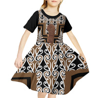 Wahaika New Zealand Kid Short Sleeve Dress Maori Weapon Kowhaiwhai Fern Poutama Motifs