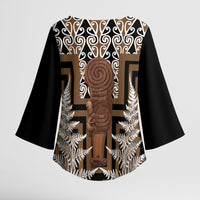 Wahaika New Zealand Kimono Sleeve Blouse Maori Weapon Kowhaiwhai Fern Poutama Motifs