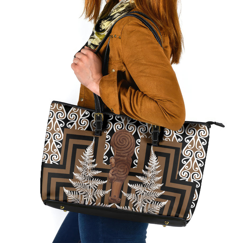 Wahaika New Zealand Leather Tote Bag Maori Weapon Kowhaiwhai Fern Poutama Motifs