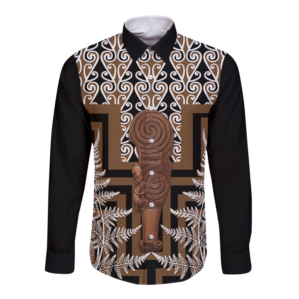 Wahaika New Zealand Long Sleeve Button Shirt Maori Weapon Kowhaiwhai Fern Poutama Motifs