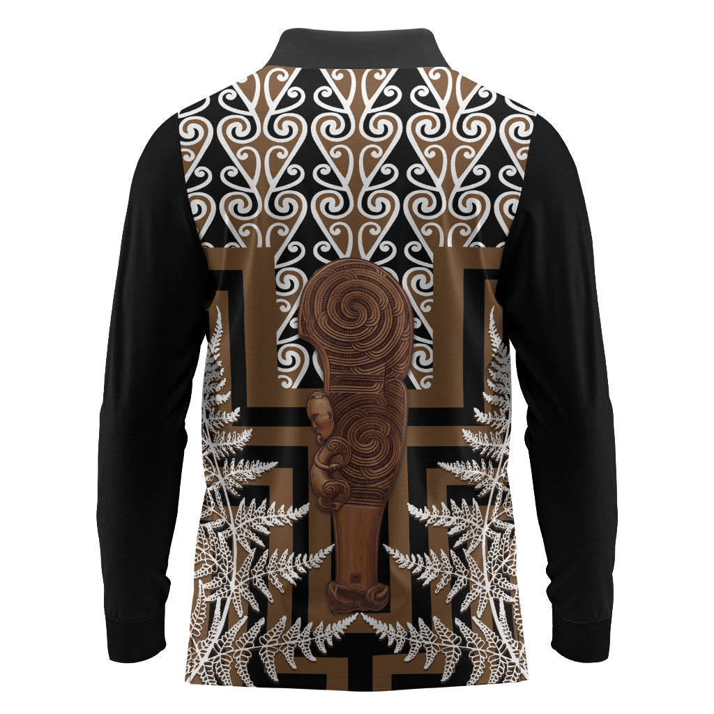 Wahaika New Zealand Long Sleeve Polo Shirt Maori Weapon Kowhaiwhai Fern Poutama Motifs