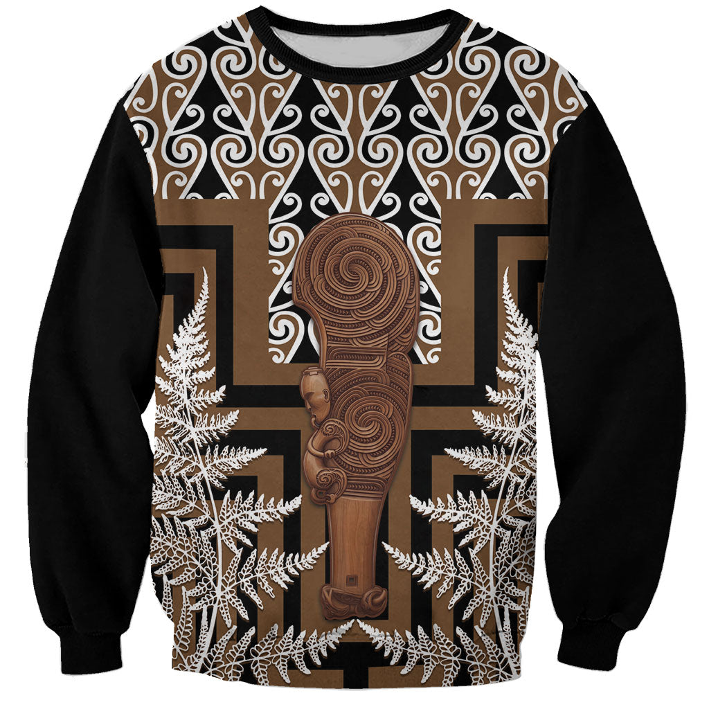 Wahaika New Zealand Sweatshirt Maori Weapon Kowhaiwhai Fern Poutama Motifs LT14 Unisex Brown - Polynesian Pride