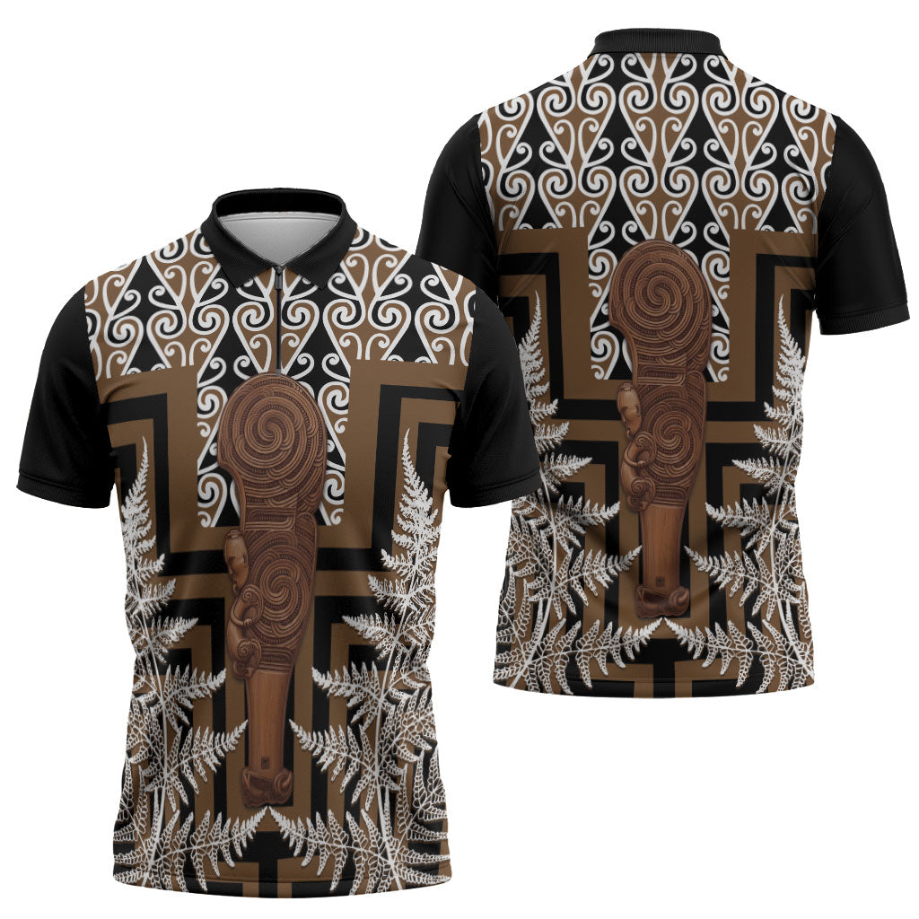 Wahaika New Zealand Zipper Polo Shirt Maori Weapon Kowhaiwhai Fern Poutama Motifs