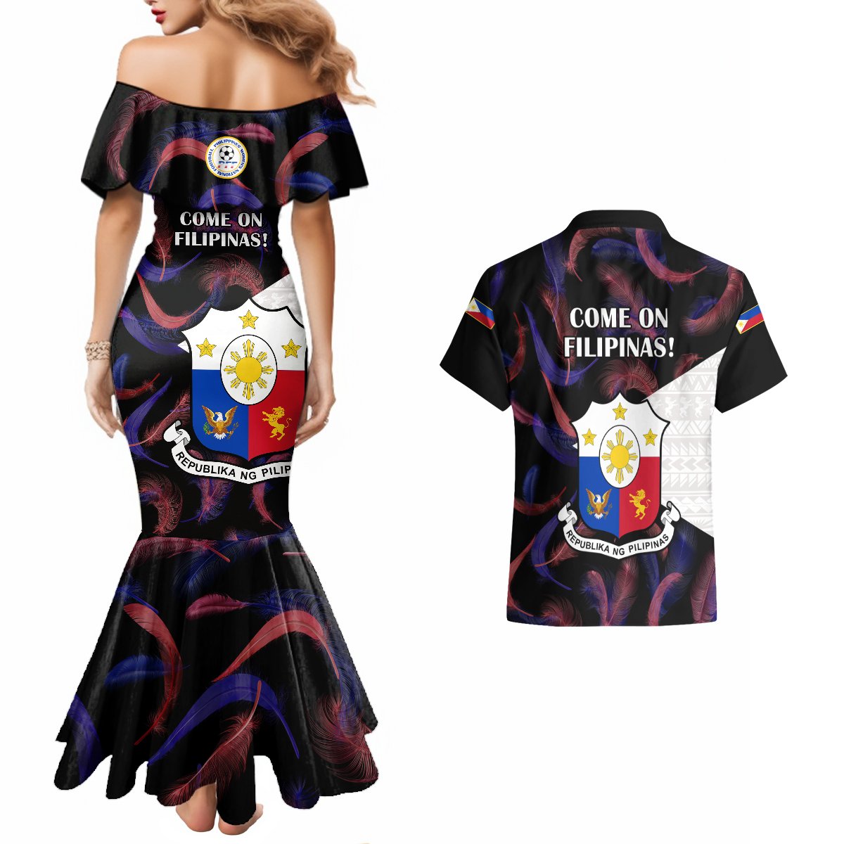 Philippines Football Couples Matching Mermaid Dress And Hawaiian Shirt 2023 World Cup Go Filipinas Feather Black Version LT14 - Polynesian Pride