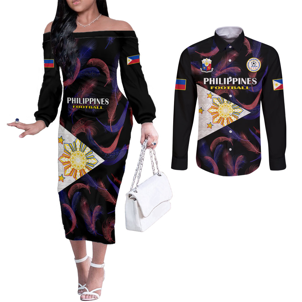 Philippines Football Couples Matching Off The Shoulder Long Sleeve Dress and Long Sleeve Button Shirts 2023 World Cup Go Filipinas Feather Black Version LT14 Black - Polynesian Pride