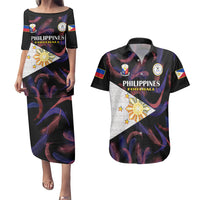 Philippines Football Couples Matching Puletasi Dress and Hawaiian Shirt 2023 World Cup Go Filipinas Feather Black Version LT14 Black - Polynesian Pride