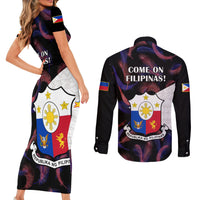 Philippines Football Couples Matching Short Sleeve Bodycon Dress and Long Sleeve Button Shirts 2023 World Cup Go Filipinas Feather Black Version LT14 - Polynesian Pride