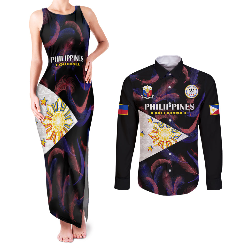 Philippines Football Couples Matching Tank Maxi Dress and Long Sleeve Button Shirts 2023 World Cup Go Filipinas Feather Black Version LT14 Black - Polynesian Pride