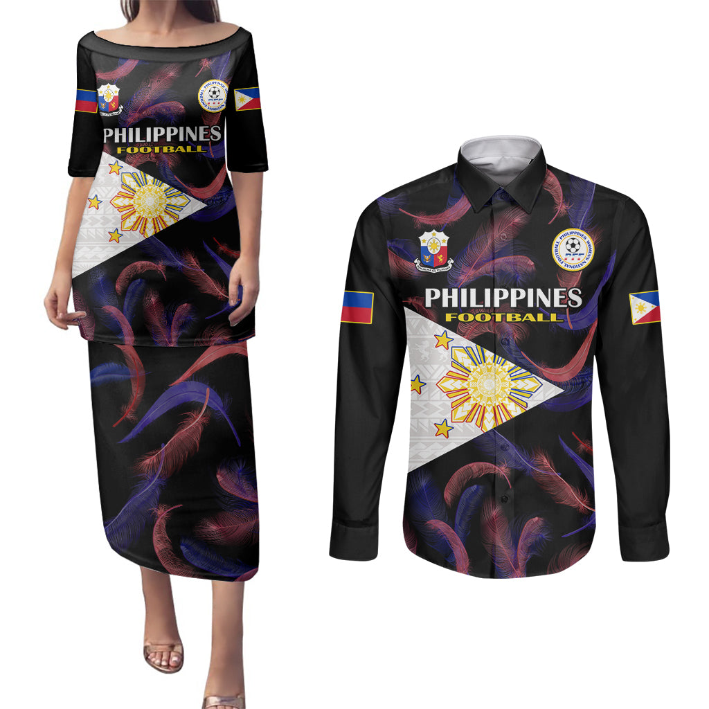 Custom Philippines Football Couples Matching Puletasi Dress and Long Sleeve Button Shirts 2023 World Cup Go Filipinas Feather Black Version LT14 Black - Polynesian Pride