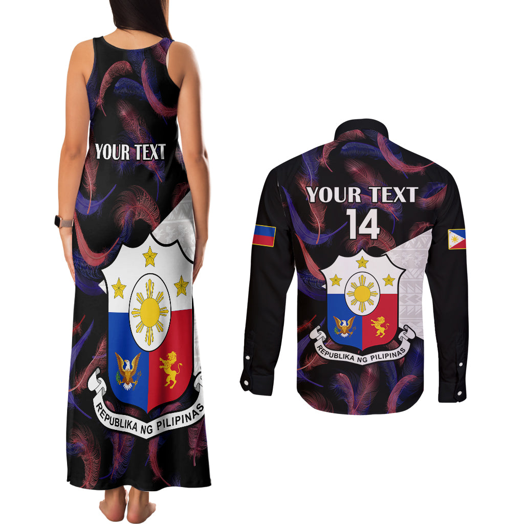 Custom Philippines Football Couples Matching Tank Maxi Dress and Long Sleeve Button Shirts 2023 World Cup Go Filipinas Feather Black Version LT14 - Polynesian Pride