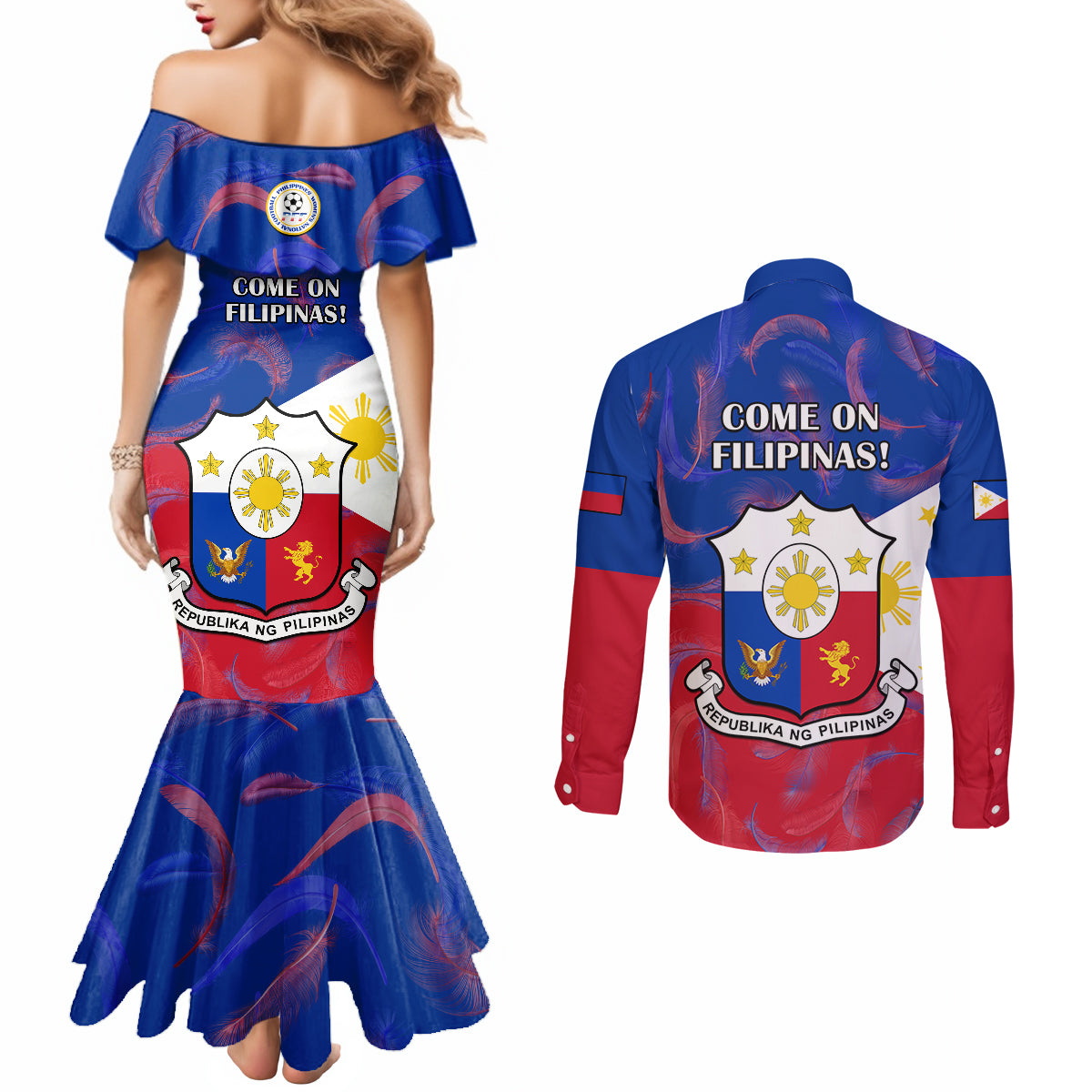 Philippines Football Couples Matching Mermaid Dress and Long Sleeve Button Shirts 2023 World Cup Go Filipinas Feather Flag Version LT14 - Polynesian Pride