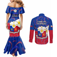 Philippines Football Couples Matching Mermaid Dress and Long Sleeve Button Shirts 2023 World Cup Go Filipinas Feather Flag Version LT14 - Polynesian Pride