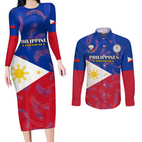 Custom Philippines Football Couples Matching Long Sleeve Bodycon Dress and Long Sleeve Button Shirts 2023 World Cup Go Filipinas Feather Flag Version LT14 Blue - Polynesian Pride