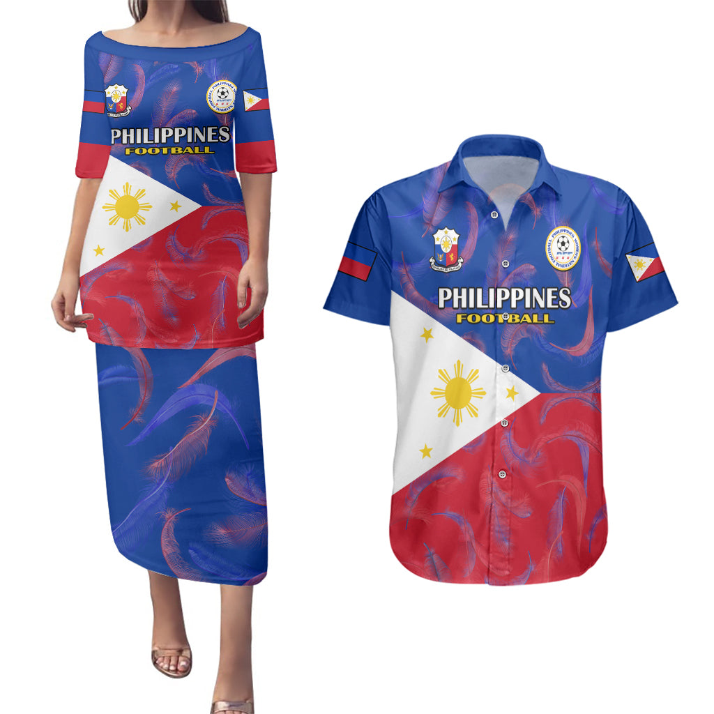 Custom Philippines Football Couples Matching Puletasi Dress and Hawaiian Shirt 2023 World Cup Go Filipinas Feather Flag Version LT14 Blue - Polynesian Pride