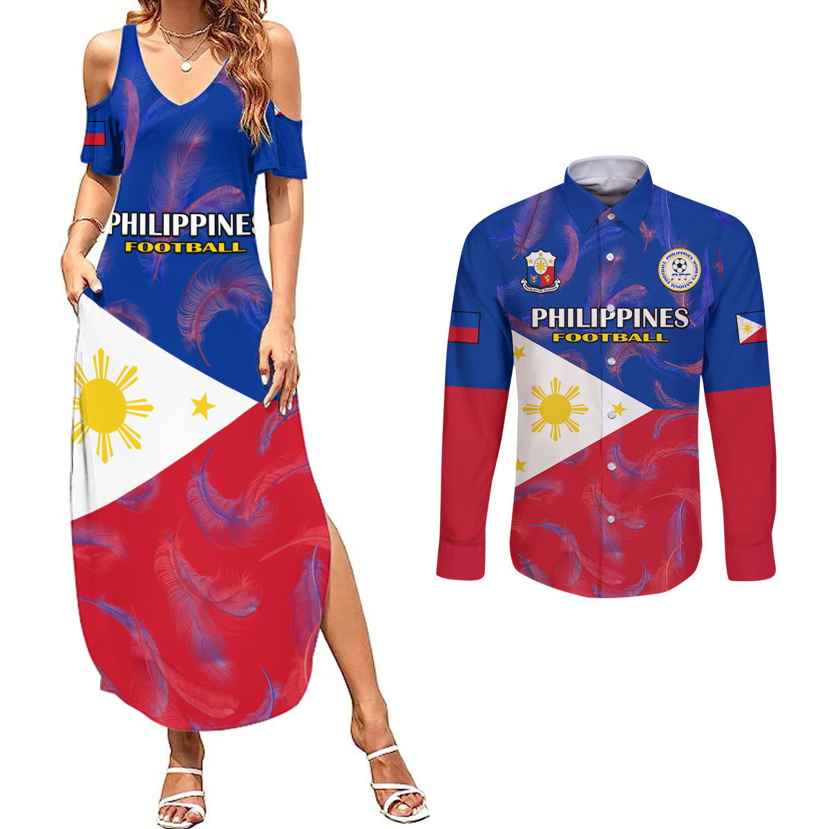 Custom Philippines Football Couples Matching Summer Maxi Dress and Long Sleeve Button Shirts 2023 World Cup Go Filipinas Feather Flag Version LT14 Blue - Polynesian Pride